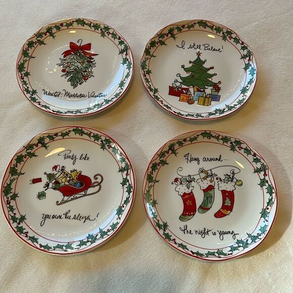 Certified International Christmas Saucers Plates 6 In Set 4 Mistletoe Berries - Picture 1 of 6
